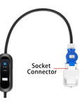 Portable Level 2 EV Charger With 10A 16A 20A 24A 32A Options CEE Plug IP67 Waterproof Fire Resistant Safety Protections Timer Wallbox Style Fast Charge Cable For Home Or Travel The Go To Charger For Road Trips, showing socket connector.
