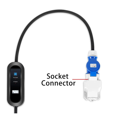 Portable Level 2 EV Charger With 10A 16A 20A 24A 32A Options CEE Plug IP67 Waterproof Fire Resistant Safety Protections Timer Wallbox Style Fast Charge Cable For Home Or Travel The Go To Charger For Road Trips, showing socket connector.