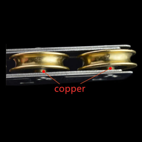 Close-up of Darn Tough Sliding Door Wheels And Roller Pulleys Crafted From Hardened Stainless Steel With Copper Double Wheels.