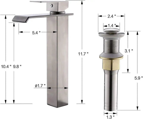 Dimensional drawing of faucet and drain from Vessel Sink With Faucet And Drain Combo 16x12 Inch Above Counter Porcelain Ceramic White Vanity Sink