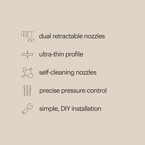 Thinline Bidet Attachment With Adjustable Water Pressure And Side Arm Control For Toilet Seats features and benefits icons