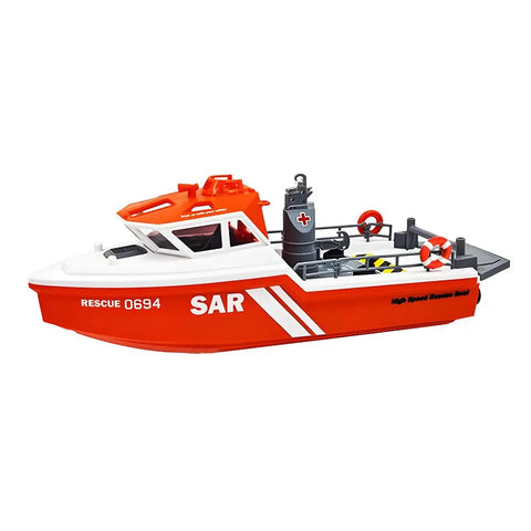 One Thirty Second Scale RC Rescue Boat With Dope Realistic Black And Red Livery Eight Kilometers Per Hour Speed Electric Jet Boat Two Point Four