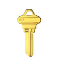 SC1 Brass Finish Key Blank, single uncut key displayed upright, compatible with SC locks, easy to cut and customize for locksmiths.