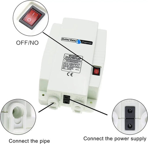 Close-up of High Flow Bottled Water Dispenser Pump System for 5 Gallon Jugs showing power switch and connections