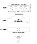 Diagram of Aluminum Pencil Manifold 3/8 In FPT Inlet To 1/4 In FPT Outlets Rectangular Air Distribution Block dimensions and connections