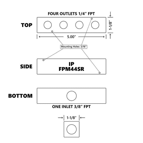 Diagram of Aluminum Pencil Manifold 3/8 In FPT Inlet To 1/4 In FPT Outlets Rectangular Air Distribution Block dimensions and connections