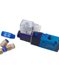 DC24V solenoid valve with blue actuator, suitable for pneumatic control and vacuum generator applications. Upgrade Your Setup With This Reliable Dc24v Solenoid Valve Pneumatic Component And Vacuum Generator For Smooth Air Tool Performance And Quick Direction Changes.