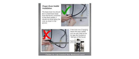Installation steps for drain saddle with Air Gap Auxiliary Faucet For Under Sink RO Water Filtration Systems and chrome finish.