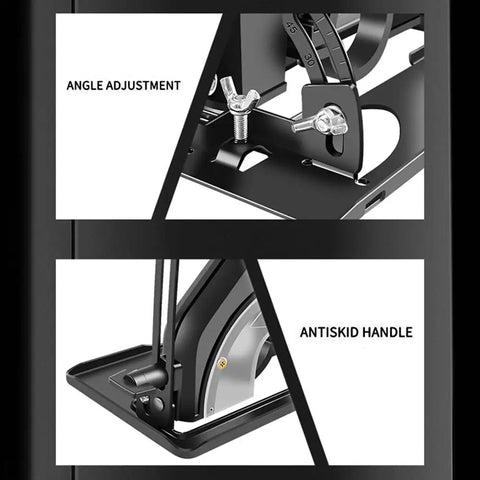 Heavy Duty Angle Grinder Bracket With Integrated Dust Collection System For Smooth Bevel Adjustments Up To Forty Five Degrees showing angle adjustment and antiskid handle.