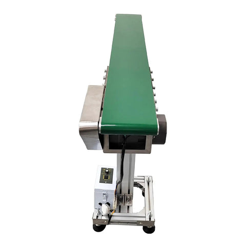 Front view of PVC Belt Conveyor 47 Inch Long 5.9 Inch Wide Aluminum Frame Countertop Transport Conveyor With Adjustable Speed 110V 120W Green Industrial Workhorse For Small Parts Sorting And Packaging