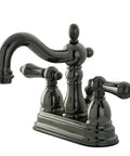 4 Inch Centerset Lavatory Faucet With Brass Pop Up Drain In Black Stainless Steel Deck Mount 3 Hole Installation
