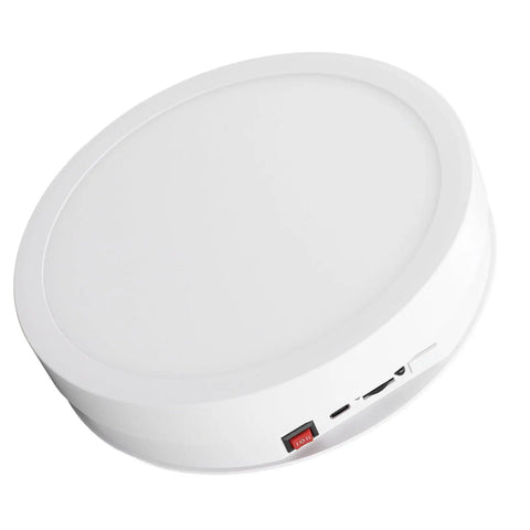 Check Out This Sick Electric Rotating Display Stand With Remote Control For Smooth 360 Degree Videos, Adjustable Speeds, USB Power, And Colorful LED Lights Perfect For Pro Product Photography Sessions - White base, USB port and power switch visible.