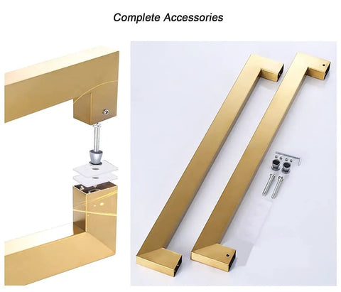 Stainless Steel Sliding Barn Door Handle Pull For Shower Glass And Interior Exterior Doors Slick Modern Entry Pull Easy Install 12mm Thick Panels Durable Satin Finish Available In 60 Cm 56.2 Cm 100 Cm And 96.2 Cm Lengths, shown in gold tone with accessories.