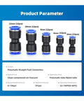 Get The Ultimate Quick Connect Pneumatic Fittings Kit With Push-in Connectors And Straight Fittings In 4mm, 6mm, 8mm, 10mm, And 12mm Sizes Perfect For Industrial Air Hose Projects That Need Reliable Seams Every Single Time. Product Parameter chart showing black plastic pneumatic straight push connectors in 4mm-12mm sizes