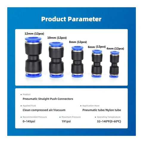 Get The Ultimate Quick Connect Pneumatic Fittings Kit With Push-in Connectors And Straight Fittings In 4mm, 6mm, 8mm, 10mm, And 12mm Sizes Perfect For Industrial Air Hose Projects That Need Reliable Seams Every Single Time. Product Parameter chart showing black plastic pneumatic straight push connectors in 4mm-12mm sizes