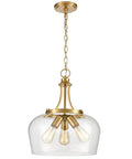 Modern 3 Light Gold Pendant Light With Clear Glass Shade, Mid Century 15 Inch Pendant Lighting, Adjustable Height Hardwired Brass Chandelier