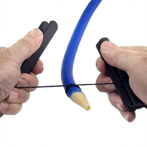 Hands using Pro Grade Speargun Knot Tying Tool Kit With Line Holder And Pulling Tool 40 Ft Of 160 Lb Waxed Polyester Line