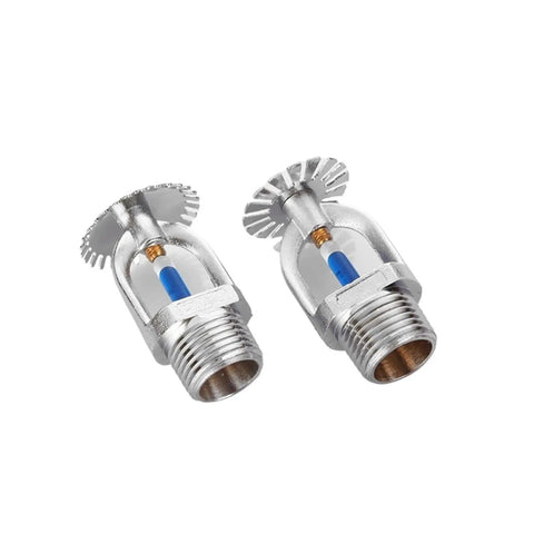 5Pcs High Temp Fire Sprinkler Heads DN15 R1/2 Thread Down Type Spray Nozzles 141C Rating showcasing chrome finish and blue glass tube.