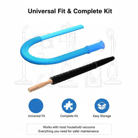 Dryer Vent Cleaning Kit With Lint Vacuum Attachment And Stretch Universal Connector shown with hose and brush