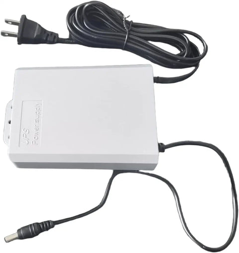 Compact 12V 2A Mini UPS Battery Backup For Routers And CCTV Cameras, White Uninterruptible Power Supply, front view with cables