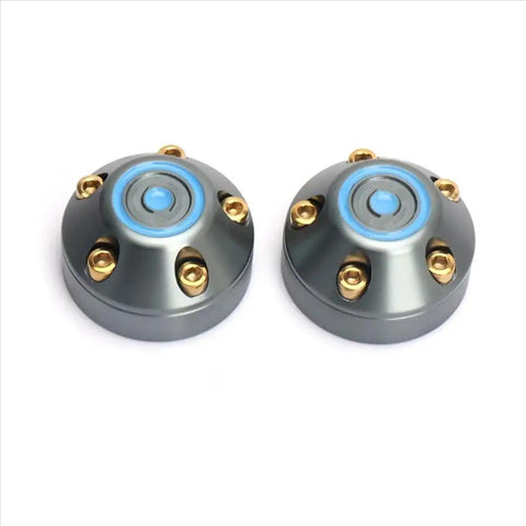 Cool Handlebar Grip Slider Cap Plug Bar End Kit For Vespa Sprint And GTS 150 Models That Looks Sick And Protects Your Moped Handles While Keeping Things Smooth On The Streets., pair of metal handlebar bar end caps with blue center and gold screws
