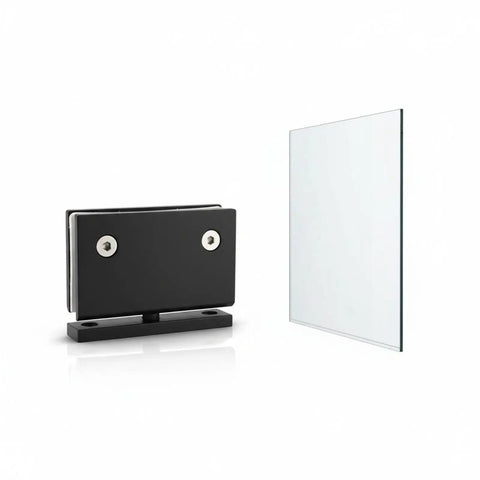 Beefy Heavy Duty Glass Door Hinge For Frameless Showers, 304 Stainless Steel In Matte Black, 360 Degree Pivot Bathroom Hinge, Corrosion Resistant And Rust Proof, Durable Shower Door Hardware 3.5 x 2 x 2.8 In., shown with frameless glass panel