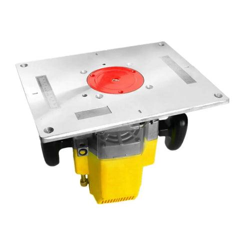 Compact Heavy Duty Aluminum Router Table Insert Plate With Quick Flip Guide System For Dead On Accurate Woodworking Trimming and Killer Precision Routing Projects from the top view.
