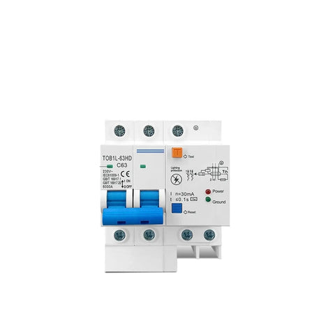 Main Switch Residual Circuit Breaker Loaded With Instant Overload Shutoff Premium Flame Retardant Casing High Heat Tolerance And Hassle Free Installation For Rock Solid Everyday Reliability, 63A, with blue toggle switch.