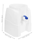 Compact white tabletop water dispenser cooler for home office and outdoor use with blue tap and dimensions