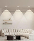 saditesdk 8-Pack 3.5 Inch Led Recessed Lighting Retrofit Downlight illuminating a cozy living room with white walls and beige furniture.
