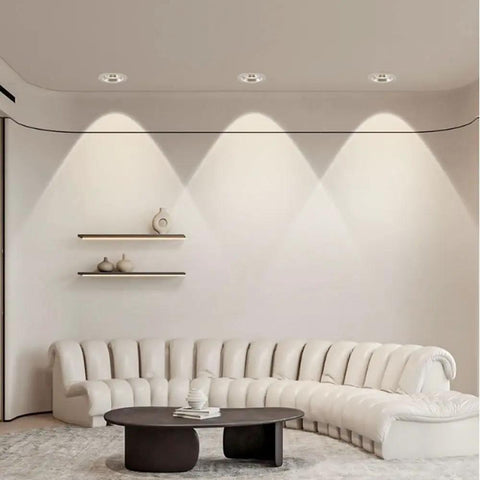 saditesdk 8-Pack 3.5 Inch Led Recessed Lighting Retrofit Downlight illuminating a cozy living room with white walls and beige furniture.