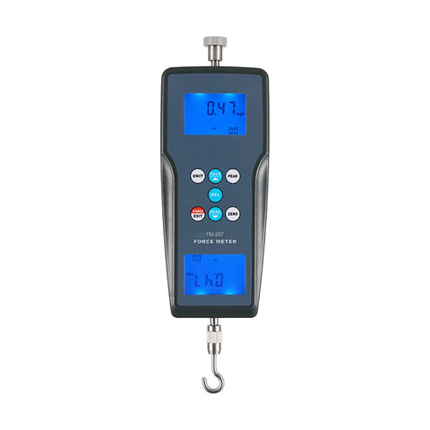 Digital Force Gauge Push Pull Meter With Data Memory Three Measurement Units N Kg Lb Force Range 100 Kgf 980 N 220 Lbf Resolution 0.01 Kgf 0.1 N 0.1 Lbf Built Tough High Precision Force Tester For DIY Lab And Shop, front view with hook