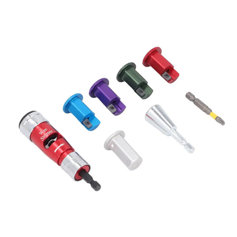 Jiawu Electric Drill Wire Stripper Bits Set For 6-14 AWG Solid Al Cable with various colorful stripping heads and adapter.