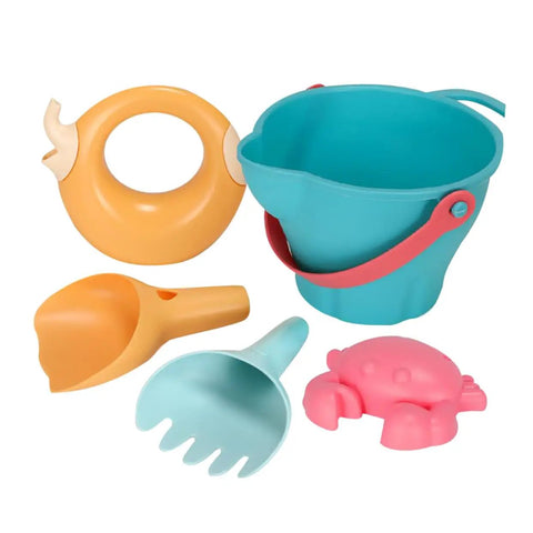 5 Piece Beach Sand Set For Kids And Boys Portable Lightweight Plastic Shovels And Buckets Water Play Kit, showing colorful tools