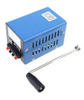 Grab And Go Crank Powered 20W Portable Power Generator with USB charging in blue and black, view of crank handle and ports