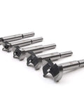 Professional Grade Heavy Duty Forstner Drill Bit Set Featuring Slick Woodworking Augers With Killer Sharp Edges And Straight Shooting Accuracy For Quick Hinge Boring Projects, six precision drill bits lined up.