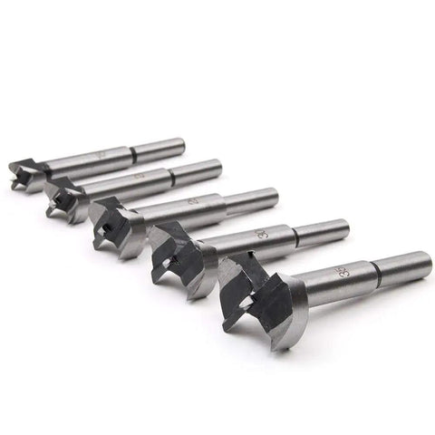 Professional Grade Heavy Duty Forstner Drill Bit Set Featuring Slick Woodworking Augers With Killer Sharp Edges And Straight Shooting Accuracy For Quick Hinge Boring Projects, six precision drill bits lined up.
