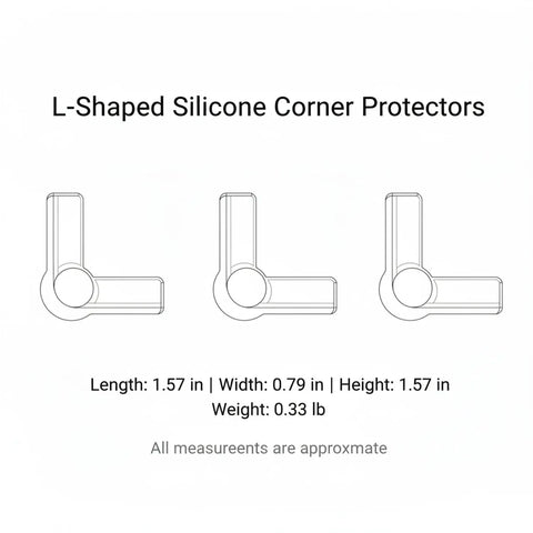 Diagram of 1.6 By 1.6 Inch L Shaped Silicone Corner Guards for furniture edges showing dimensions and weight.
