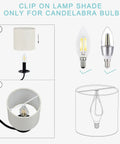 Illustration of Clip On Chandelier Lamp Shades Set Of 6 Small Drum Linen Fabric Handmade Beige Only For Candle Bulb 5.2 By 5.2 By H5.2 Inches Modern Trendy Decor Cool Neutral Look For Easy DIY Lighting Makeovers showing clip-on fitter and candle bulb compatibility.