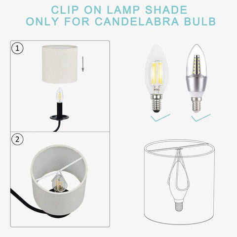 Illustration of Clip On Chandelier Lamp Shades Set Of 6 Small Drum Linen Fabric Handmade Beige Only For Candle Bulb 5.2 By 5.2 By H5.2 Inches Modern Trendy Decor Cool Neutral Look For Easy DIY Lighting Makeovers showing clip-on fitter and candle bulb compatibility.