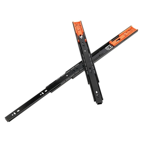 Heavy Duty Bottom Mount Drawer Slides With Heavy Duty Buffer Stoppers For Smooth As Butter Cabinet Action Built Like A Tank Using Solid Steel Tracks measuring 16 inches.