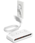 Smooth Ace Power Strip With Five Foot Flat Extension Cord Featuring Eight Versatile Ports Including Four Wall Outlets And Multiple Usb Fast Charging Hubs For Mobile Tech Rig And Travel Setup connected to wall outlet.