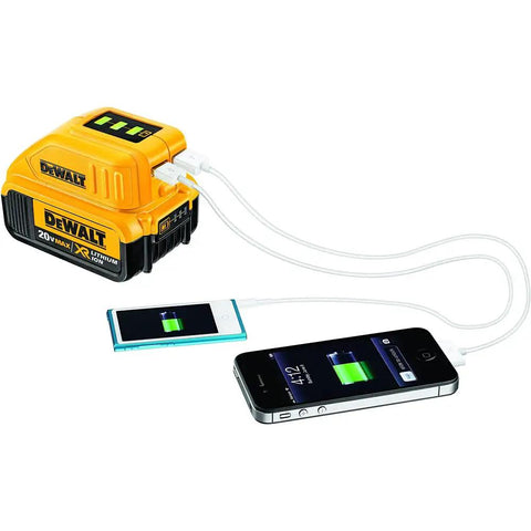 12V And 20V Max USB Charger With Two Ports And State Of Charge Indicator For The Job Site Powers Two USB Devices From 12V Or 20V Max Batteries When AC Power Is Not Available And Is Compatible With Slide Style Battery Packs, charging two phones with cables.