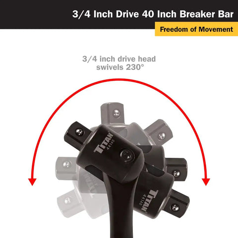 40 Inch Three Quarters Inch Drive Breaker Bar With 180 Degree Swivel Head, Heavy Duty Chrome Vanadium Steel Construction, 1000 Ft-Lb Max Torque, Corrosion Resistant Chrome Plated Shaft, Replacement Head Available, shown swiveling 230 degrees.