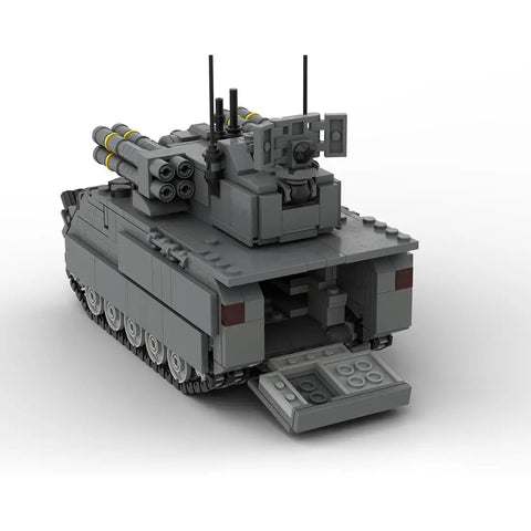 Kickass M113 Military Vehicle Building Blocks Set For Adults, 909 Piece Heavy Duty Construction Kit showing back view with open door.