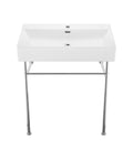 Front view of Claire 30 Inch Ceramic Console Sink With Glossy White Basin, Scratch Resistant Non Porous Ceramic, Single Faucet Hole, Overflow Included.