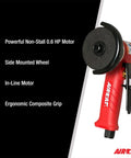 3 Inch In Line Pneumatic Cut Off Tool With 18,000 RPM And 0.6 HP Motor, Side Mounted Wheel For Straight Cuts, Rear Exhaust