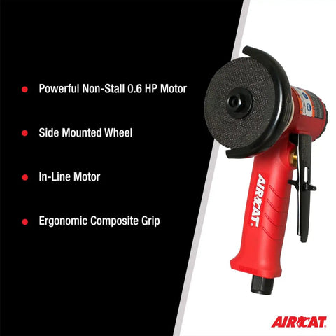 3 Inch In Line Pneumatic Cut Off Tool With 18,000 RPM And 0.6 HP Motor, Side Mounted Wheel For Straight Cuts, Rear Exhaust