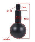 20mm Ball Head to Quarter Inch Screw Adapter Mount for Cameras with dimensions and measurements shown.