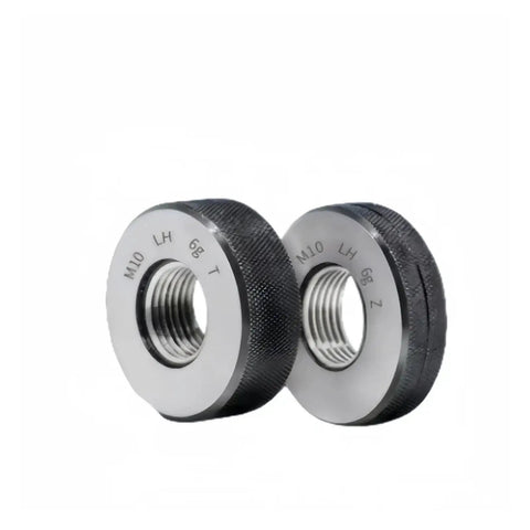 Left Metric Fine Tooth Thread Ring Gauge for Internal Threads, GR15 Bearing Steel, 58-65 HRC Hardness, showing knurled surfaces.